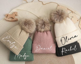 Personalized Baby Beanie with Pom Pom,Custom Crochet Beanie Hats,Monogram Hat with Fur Pom-Pom,Embroidered Beanie,Baby Beanies With name