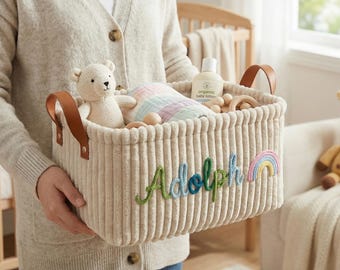 Gepersonaliseerde corduroy opbergmand voor baby's, kraamcadeau, speelgoedbak met naam, organizer voor de babykamer