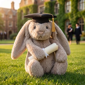Op de afbeelding: Een beige pluche konijn met lange hangende oren draagt een zwarte afstudeerhoed met een gouden kwastje. Het konijn houdt een opgerold diploma vast dat is vastgebonden met een wit lint. Het knuffeldier heeft donkere ogen en een lichte neus.