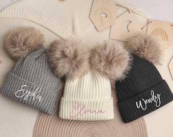 Custom Crochet Beanie Hats,Monogram Hat with Fur Pom-Pom,Personalized Baby Beanie with Pom Pom,Embroidered Beanie,Baby Beanies With name