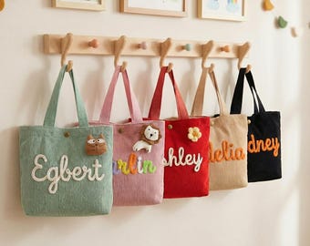 Custom Kids Name Tote Bag, Personalized Children's Handbag, Corduroy Name Tote Bag, Birthday Gift for Toddlers
