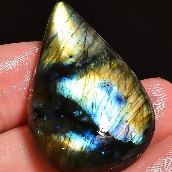 Natural Labradorite Gemstone: Multi-Color Pear Cabochon, Flat Back - 35x23x7 mm