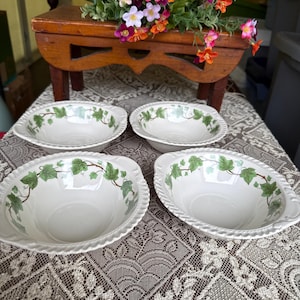 May include: A set of four off-white ceramic bowls featuring a green ivy vine pattern around the interior rim and a textured rope-style edge. Each bowl has two small side handles and a smooth, glossy finish on the interior surface.
