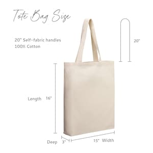 a tote bag with dimensions and features listed, including the length, width, and the number of self-fabric handles.