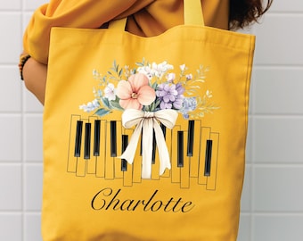Torba typu tote na pianino: Kwiatowy nadruk z motywem muzycznym – Możliwość zamówienia imienia