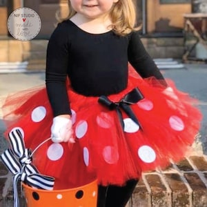 Può includere: Un costume per bambini composto da un top nero a maniche lunghe e una gonna a tutù rossa con grandi pois bianchi. L'outfit include guanti bianchi e un fiocco nero. È visibile anche un secchio arancione con pois neri e un fiocco a righe.