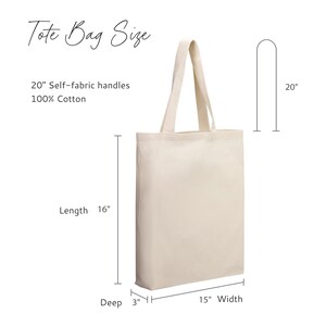 a tote bag with dimensions and features listed, including the length, width, and the number of self-fabric handles.
