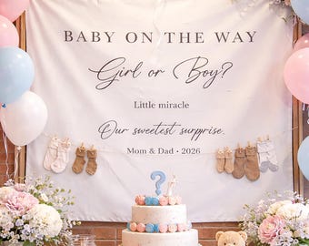 Banner de tela para revelación de género, marco de madera estilo boho, fondo para baby shower, nombre personalizable