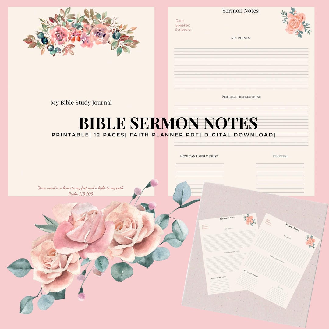 Printable Sermon Notes Journal | 11 Page Bible Study Download + Cover ...