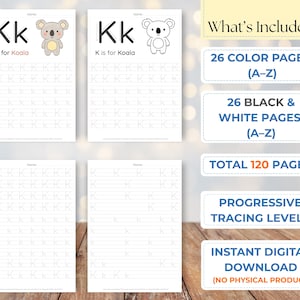 May include: A set of educational printable pages for children. The image displays four pages featuring the letter "K" and a koala illustration. The text "K is for Koala" is present. Additional text includes "What's Included" and download details.