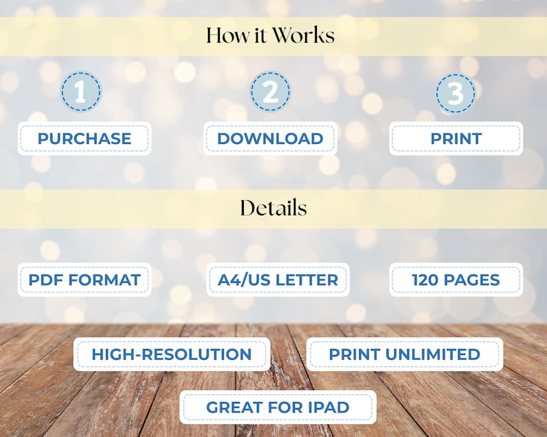 May include: An infographic detailing the process with the text "How it Works" and "Details." Steps are "Purchase," "Download," and "Print." Details include "PDF Format," "A4/US Letter," "120 Pages," "High-Resolution," "Print Unlimited," and "Great for iPad."