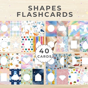 May include: A collection of 40 shape flashcards, each with a different patterned background and a white outline of a shape. The words "SHAPES FLASHCARDS" are at the top, with "40 CARDS" in a white circle.