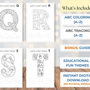 Może przedstawiać: Cztery czarno-białe strony do kolorowania z literami Q, R, S i T. Obraz zawiera r&oacute;wnież tekst "What's Included", "ABC Coloring (A-Z)", "ABC Tracing (A-Z)", "Bonus: Guide", "Educational & Fun Themes", i "Instant Digital Download (No Physical Product)".
