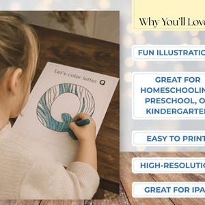 Może przedstawiać: Dziecko koloruje dużą literę "Q" na białej kartce papieru niebieską kredką. U g&oacute;ry znajduje się napis "Let's color letter Q". Obraz zawiera r&oacute;wnież tekst "Fun Illustrations" i "Great for Homeschooling, Preschool, or Kindergarten".