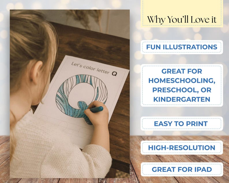 Może przedstawiać: Dziecko koloruje dużą literę "Q" na białej kartce papieru niebieską kredką. U g&oacute;ry znajduje się napis "Let's color letter Q". Obraz zawiera r&oacute;wnież tekst "Fun Illustrations" i "Great for Homeschooling, Preschool, or Kindergarten".
