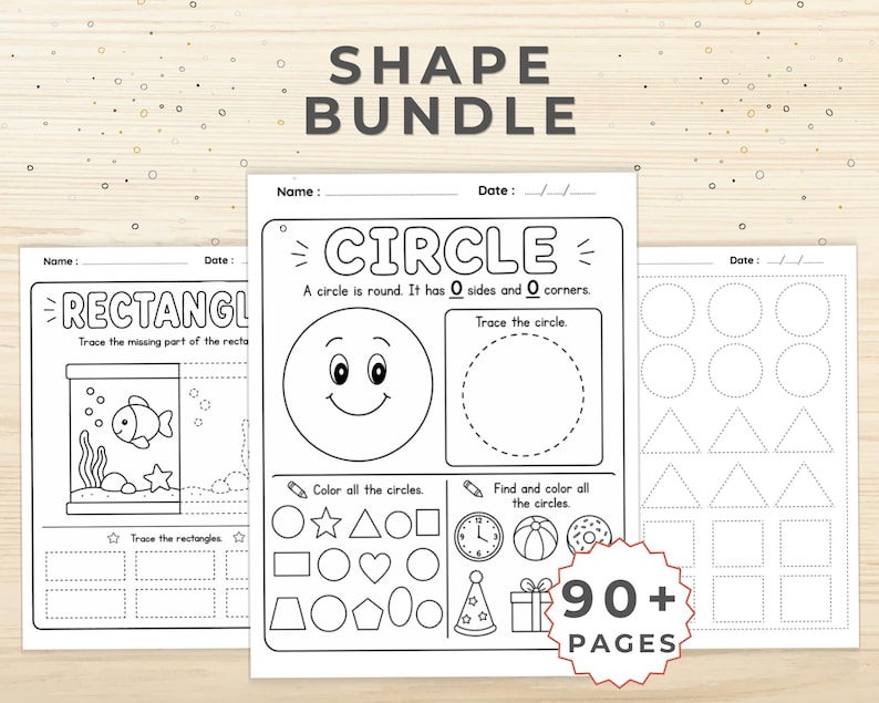 May include: A black and white educational worksheet bundle with the text "SHAPE BUNDLE" at the top. The worksheets feature shape tracing, coloring activities, and the text "90+ PAGES". The worksheets are designed for educational purposes.