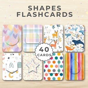 May include: Shapes flashcards with various colorful designs, including hearts, plaid, deer, whales, and polka dots. The set includes 40 cards, with the letters A, B, and C on one card. The cards have a rounded rectangle shape.