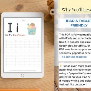 May include: A white tablet showing a digital worksheet for the letter "I" with an ice cream illustration. The text "I is for Ice Cream" is visible. The tablet is on a wooden surface with colored pencils and a toy car.
