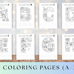 Może przedstawiać: Osiem białych stron do kolorowania z literami od A do H, każda z inną ilustracją i tekstem "Let's color letter". Na dole każdej strony znajduje się mała litera powt&oacute;rzona trzy razy. Słowa "26 COLORING PAGES (A-Z)" znajdują się na dole.