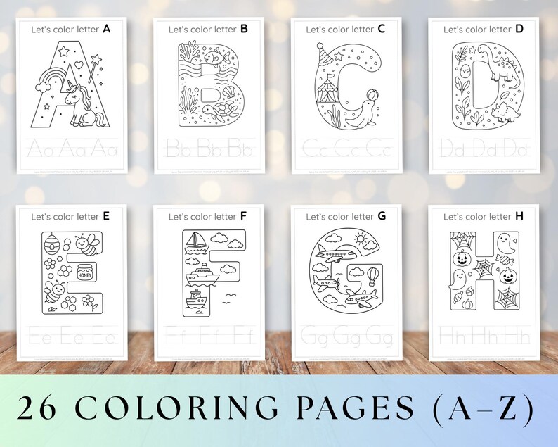 Może przedstawiać: Osiem białych stron do kolorowania z literami od A do H, każda z inną ilustracją i tekstem "Let's color letter". Na dole każdej strony znajduje się mała litera powt&oacute;rzona trzy razy. Słowa "26 COLORING PAGES (A-Z)" znajdują się na dole.
