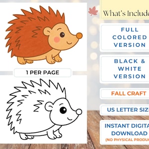 May include: A digital download featuring a cartoon hedgehog in color and black and white versions. The image includes the text "What's Included", "Full Colored Version", "Black & White Version", "Fall Craft", "US Letter Size", and "Instant Digital Download (No Physical Product)".