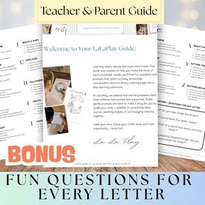 Może przedstawiać: Materiały edukacyjne do druku zatytułowane "Teacher & Parent Guide" i "Fun Questions for Every Letter". Przewodnik zawiera tematy takie jak jednorożce, podwodny świat i dinozaury. Słowo "Bonus" jest wyr&oacute;żnione.