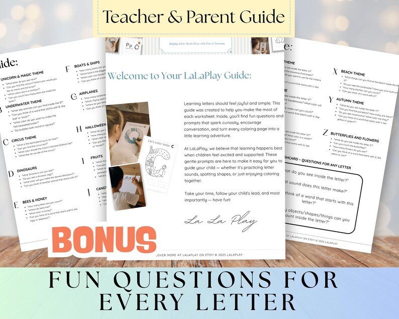 Może przedstawiać: Materiały edukacyjne do druku zatytułowane "Teacher & Parent Guide" i "Fun Questions for Every Letter". Przewodnik zawiera tematy takie jak jednorożce, podwodny świat i dinozaury. Słowo "Bonus" jest wyr&oacute;żnione.