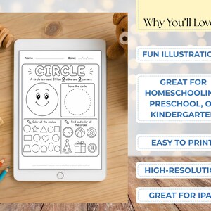 May include: A white tablet displays a printable worksheet for learning about circles. The worksheet includes a smiling circle illustration, tracing exercises, and shape identification. Text on the side highlights features like fun illustrations and high-resolution quality.