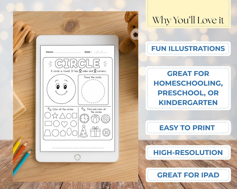 May include: A white tablet displays a printable worksheet for learning about circles. The worksheet includes a smiling circle illustration, tracing exercises, and shape identification. Text on the side highlights features like fun illustrations and high-resolution quality.