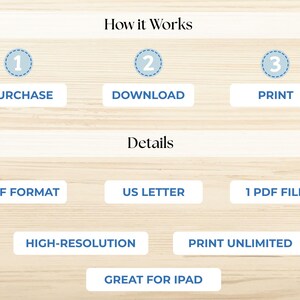 May include: Image with text describing the process: Purchase, Download, Print. Details include PDF format, US Letter size, high-resolution, and unlimited printing. The text also mentions the product is great for iPad.