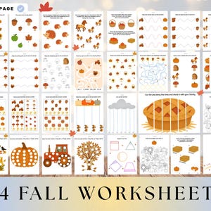 Puede incluir: Un conjunto de 44 hojas de trabajo con temática de otoño. Las páginas presentan diversas actividades, como trazar, contar y colorear, con ilustraciones de calabazas, manzanas y otros elementos otoñales. El texto "44 FALL WORKSHEETS" se muestra en la parte inferior.