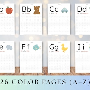 May include: Eight alphabet tracing and colouring pages are displayed. Each page shows a letter, an image, and tracing lines. The images include an apple, bear, car, dinosaur, elephant, fish, goose, and ice cream. The text at the bottom reads "26 COLOR PAGES (A-Z)".