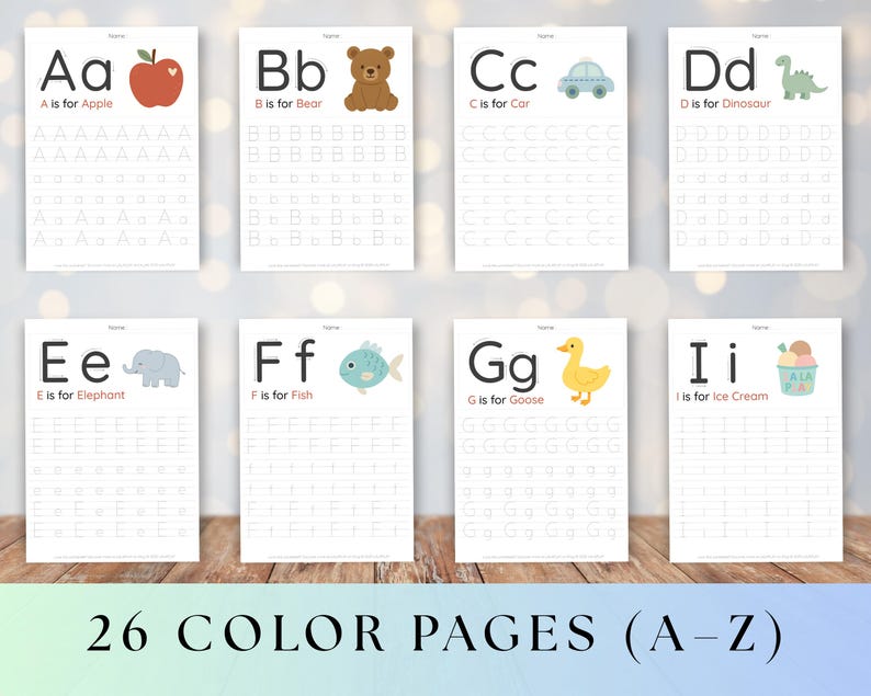 May include: Eight alphabet tracing and colouring pages are displayed. Each page shows a letter, an image, and tracing lines. The images include an apple, bear, car, dinosaur, elephant, fish, goose, and ice cream. The text at the bottom reads "26 COLOR PAGES (A-Z)".