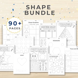May include: A collection of black and white activity pages for learning shapes. The pages include tracing, sorting, and coloring activities for shapes like triangles, stars, and hearts. The text "SHAPE BUNDLE" and "90+ PAGES" are visible.