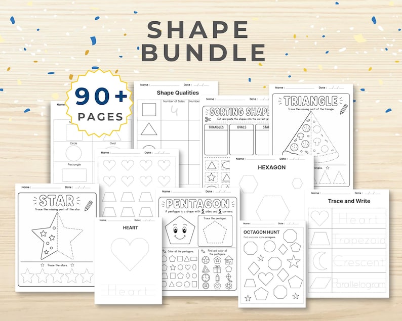 May include: A collection of black and white activity pages for learning shapes. The pages include tracing, sorting, and coloring activities for shapes like triangles, stars, and hearts. The text "SHAPE BUNDLE" and "90+ PAGES" are visible.