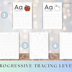 May include: Educational tracing worksheets for the letter "A", with progressive levels. The image shows colour and black and white options, with an apple illustration. The text "A is for Apple" is displayed on the worksheets.