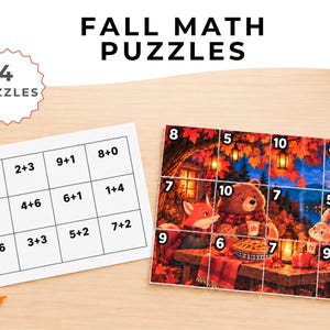 May include: Four fall math puzzles featuring a white grid with addition problems and a colorful image of a bear, fox, and rabbit at a table with autumn leaves, lanterns, and a full moon. The text reads FALL MATH PUZZLES and 4 PUZZLES.