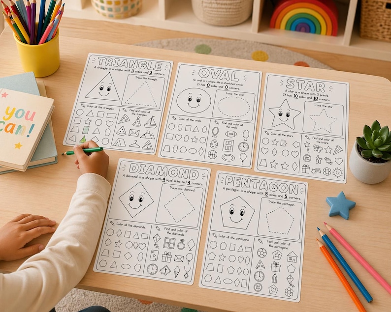 May include: Educational worksheets with geometric shapes, including a triangle, oval, star, diamond, and pentagon. Each worksheet features a shape with a smiling face, tracing lines, and coloring activities. A child is holding a green pencil, ready to complete the worksheets.