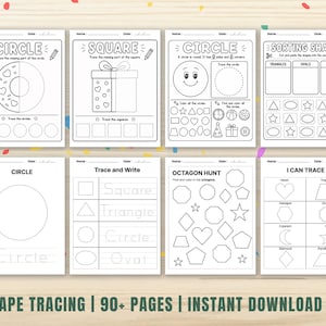May include: A collection of printable shape tracing worksheets for kids. The pages feature various shapes like circles, squares, and triangles, with tracing activities and shape sorting exercises. The text "SHAPE TRACING | 90+ PAGES | INSTANT DOWNLOAD" is at the bottom.
