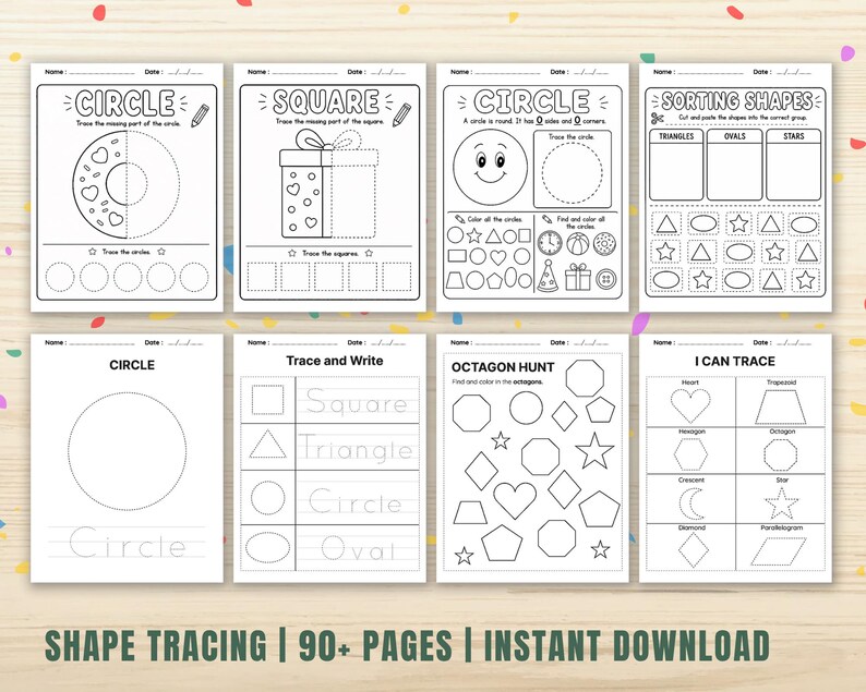 May include: A collection of printable shape tracing worksheets for kids. The pages feature various shapes like circles, squares, and triangles, with tracing activities and shape sorting exercises. The text "SHAPE TRACING | 90+ PAGES | INSTANT DOWNLOAD" is at the bottom.