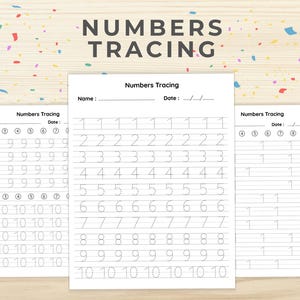 Op de afbeelding: Drie witte vellen papier met de tekst "Numbers Tracing" erop gedrukt. Elk vel heeft cijfers van 1 tot 10 in een stippellijnformaat om te traceren. Het bovenste vel heeft ruimte voor naam en datum.
