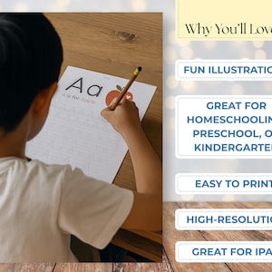 May include: A child is writing on a worksheet with the letter "A" and an apple illustration. The worksheet is on a wooden table. The image includes text that says "Why You'll Love It," "Fun Illustrations," and "Great for Homeschooling, Preschool, or Kindergarten."