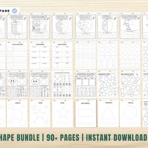 May include: A collection of printable worksheets for learning shapes. The pages feature various shapes like triangles, squares, and circles, with activities such as tracing, drawing, and shape identification. The text on the image says "SHAPE BUNDLE | 90+ PAGES | INSTANT DOWNLOAD."