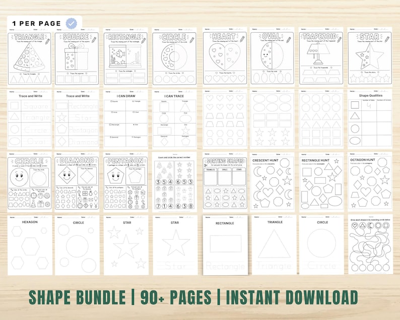 May include: A collection of printable worksheets for learning shapes. The pages feature various shapes like triangles, squares, and circles, with activities such as tracing, drawing, and shape identification. The text on the image says "SHAPE BUNDLE | 90+ PAGES | INSTANT DOWNLOAD."