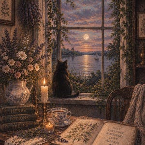 May include: A black cat sits on a windowsill overlooking a moonlit lake with a sailboat. On a wooden table, an open book displays text reading SALT, LAVENDER, ROSEMARY, LOVE, ALWAYS, next to a floral pitcher, candles, and stacked books.