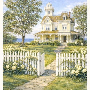 May include: A watercolor painting of a large, yellow Victorian house with a white tower, surrounded by a white picket fence and lush greenery. A stone path leads to the house, with a view of the ocean in the background.