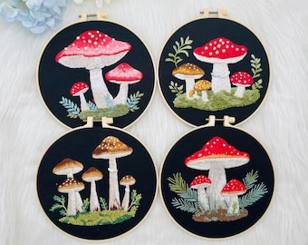 Mushroom Embroidery Kit with Hoop – DIY Hand Embroidery Set, Forest Toadstool Needlework, Woodland