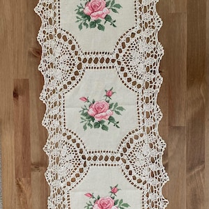 Hand Crocheted Lace Table Runner with Cross Stitch Roses, Vintage Floral Farmhouse Decor