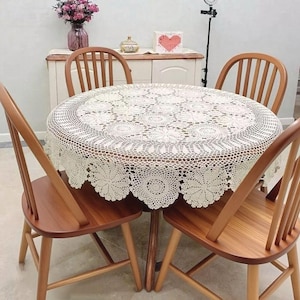 Hand Crocheted Lace Tablecloth, Vintage White/Beige Doily Table Cover, Farmhouse Cottage Decor