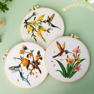 May include: Three embroidery hoops with hummingbird designs. Each hoop features a white fabric background with a different hummingbird and floral arrangement. The text "Embroidery Kit" is visible in the upper right corner. The hoops are held in wooden frames.